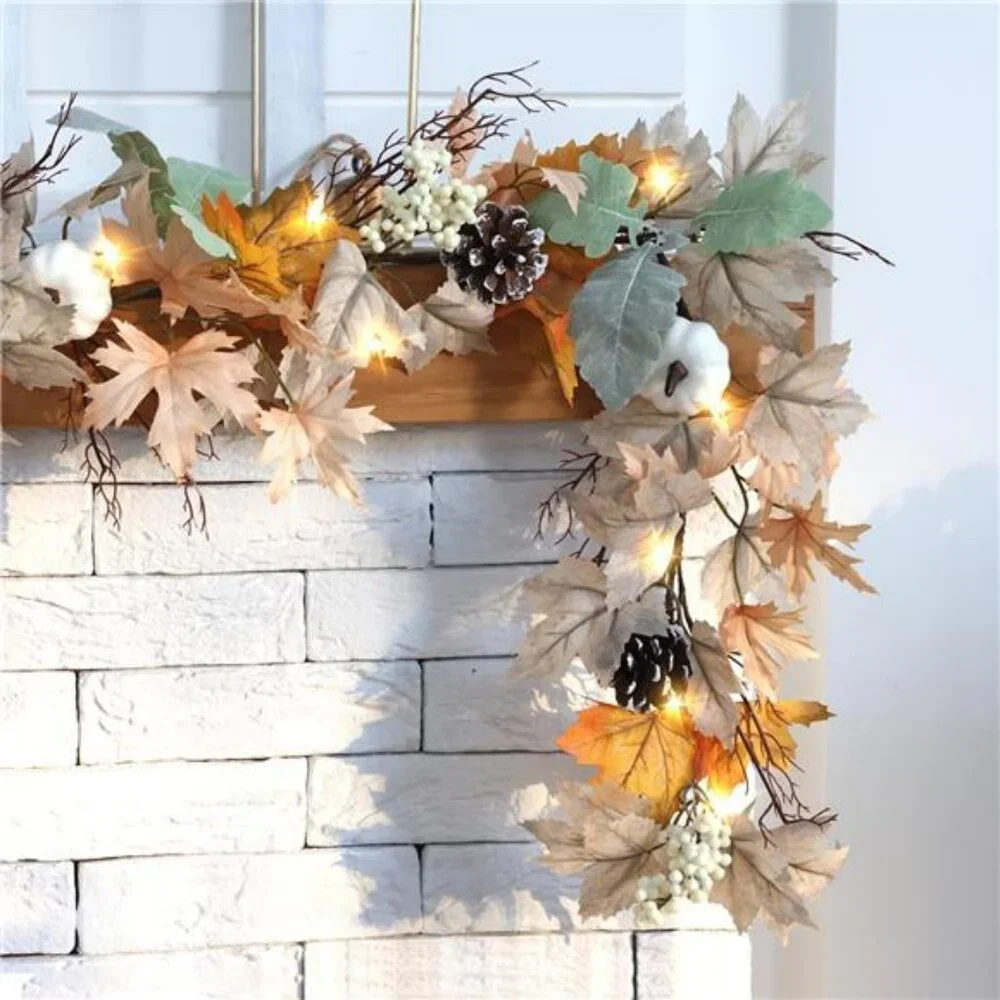 6 FT Fall Garland with Lights Neutral Fall Leaves Mantle Garland with Pumpkins